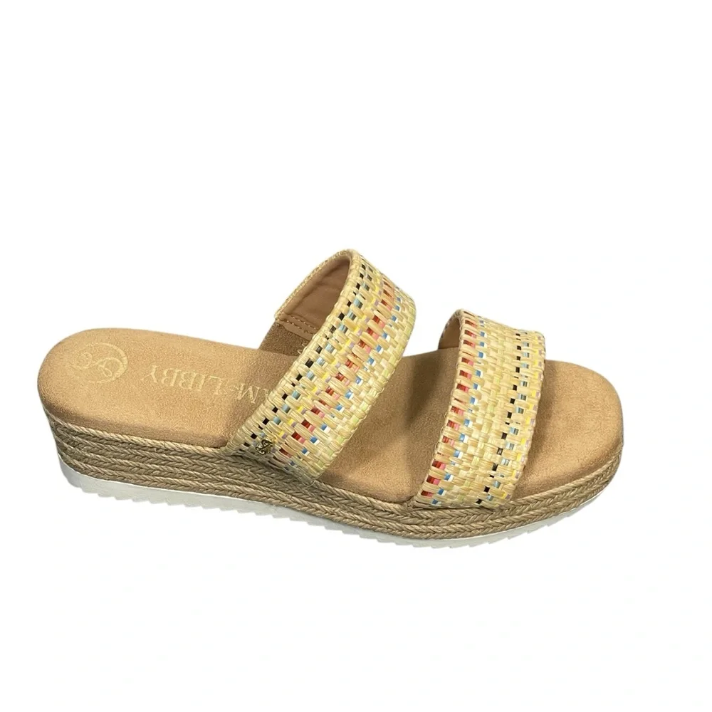 Sam & Libby Charlee Raffia Tan Strap Slip On Wedge Shoe Sandal Sz 9